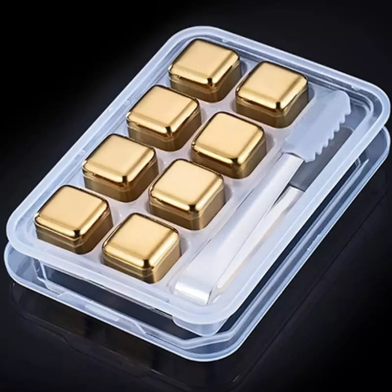 Gold Stainless Steel Ice Cubes with Tongs – Reusable Whiskey & Cocktail Chillers