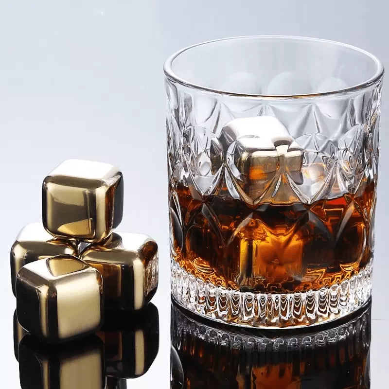Gold Stainless Steel Ice Cubes with Tongs – Reusable Whiskey & Cocktail Chillers