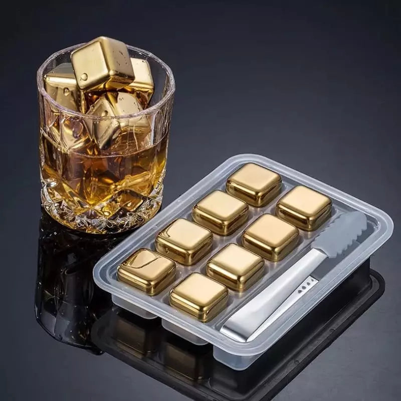 Gold Stainless Steel Ice Cubes with Tongs – Reusable Whiskey & Cocktail Chillers