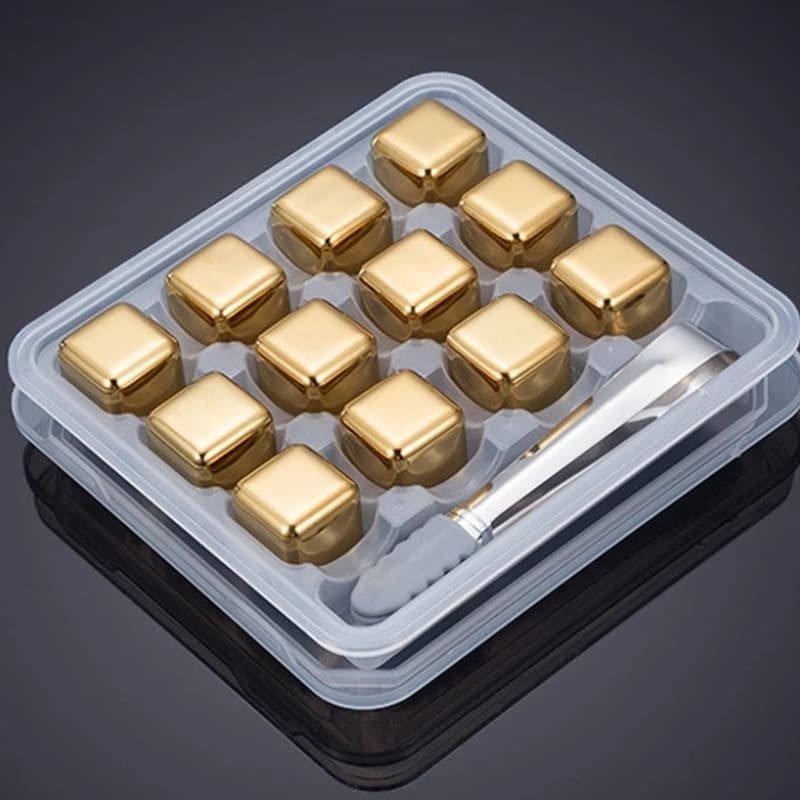 Gold Stainless Steel Ice Cubes with Tongs – Reusable Whiskey & Cocktail Chillers
