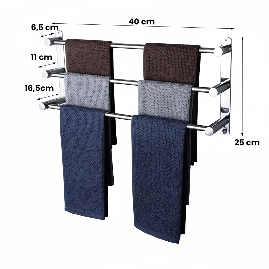 Chrome Bathroom Towel Rack with Hooks – Wall Mounted Space-Saving Storage for Towels