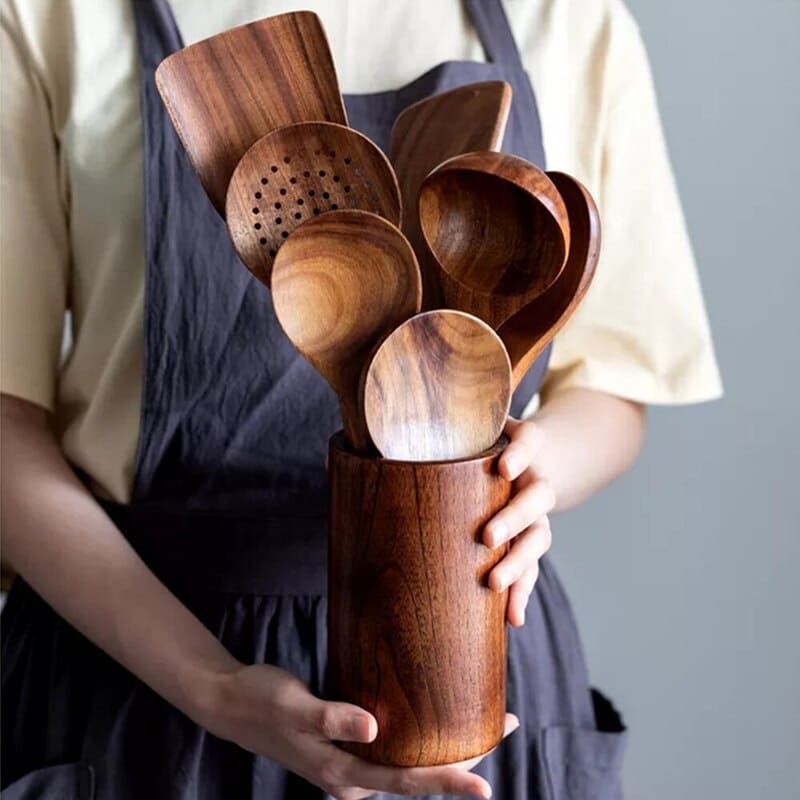 7-Piece Teak Wood Kitchen Utensil Set – Durable Non-Stick Cooking Tools