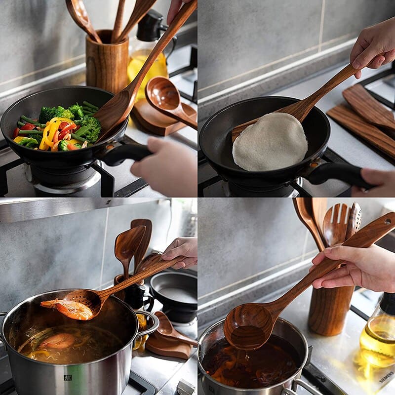 7-Piece Teak Wood Kitchen Utensil Set – Durable Non-Stick Cooking Tools