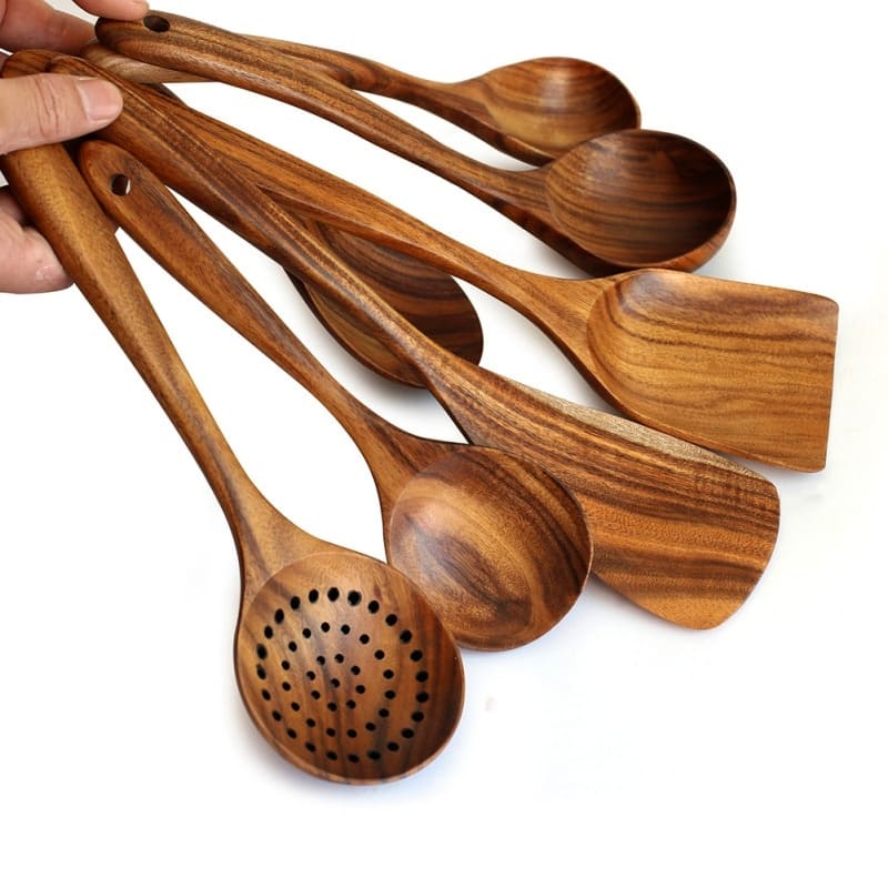 7-Piece Teak Wood Kitchen Utensil Set – Durable Non-Stick Cooking Tools