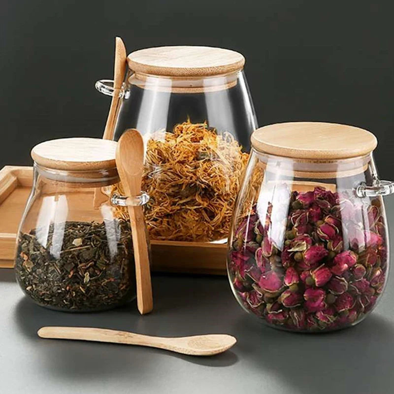 Glass Storage Jar with Wooden Lid & Spoon – Eco-Friendly Kitchen Organizer