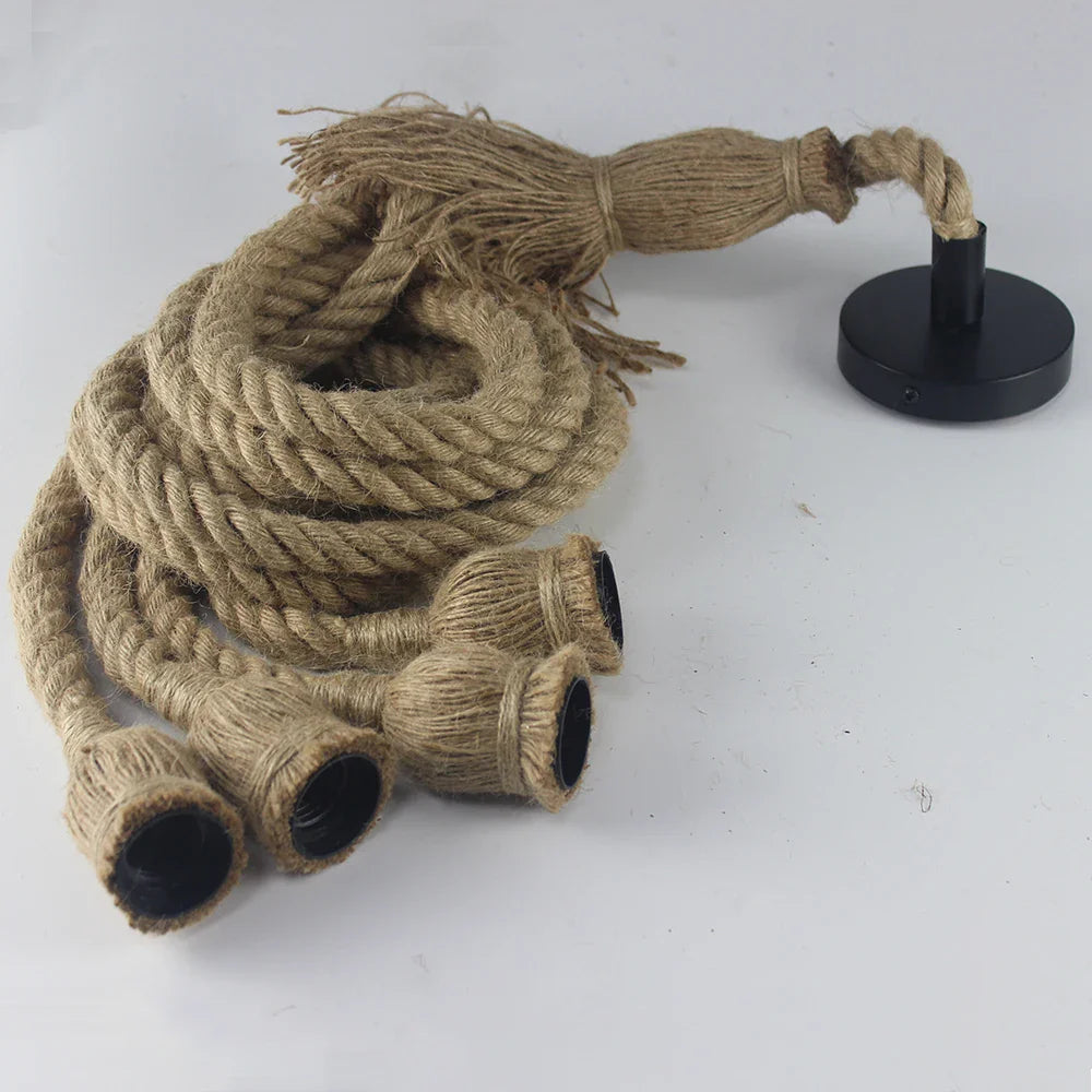 Adjustable Vintage Hemp Rope Pendant Lamp – Rustic Retro Light for Café, Bar or Hall