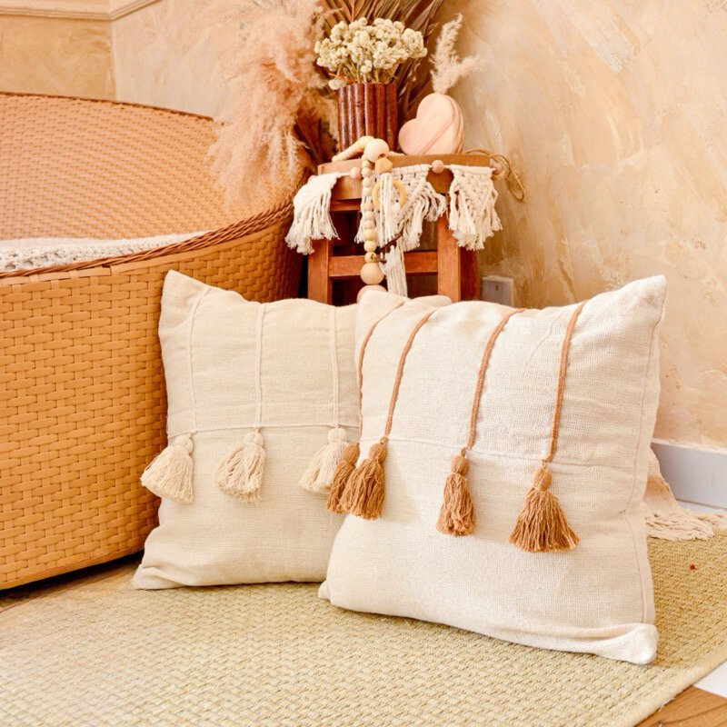Decorative Pillow Cover with Pom-Poms
