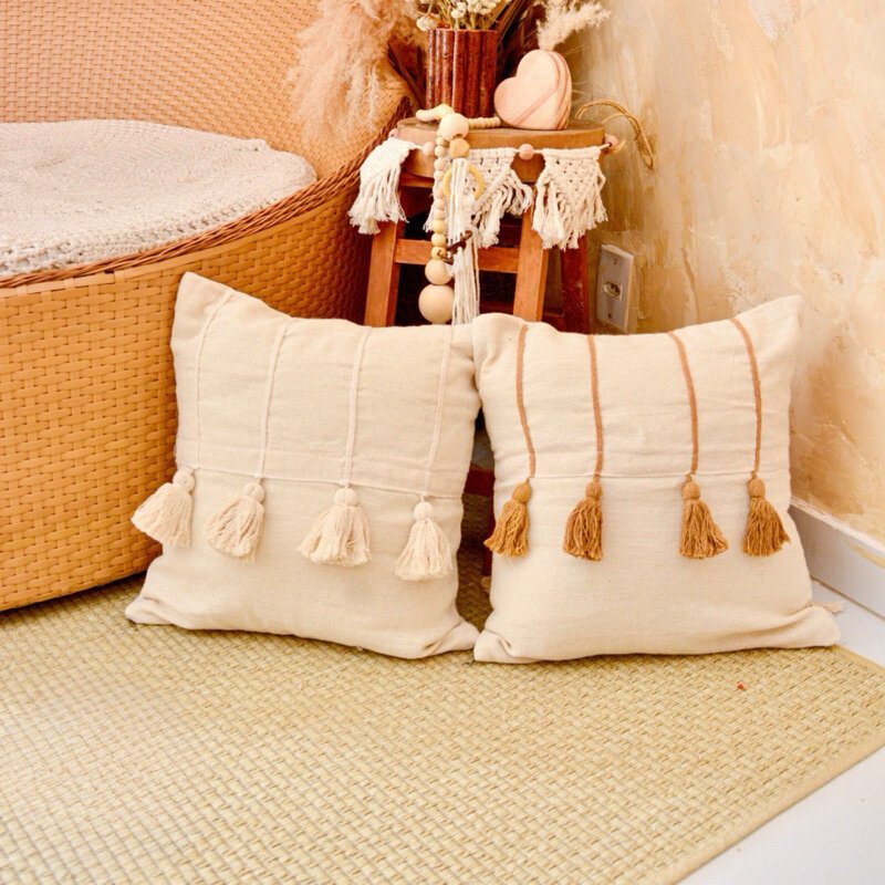 Decorative Pillow Cover with Pom-Poms