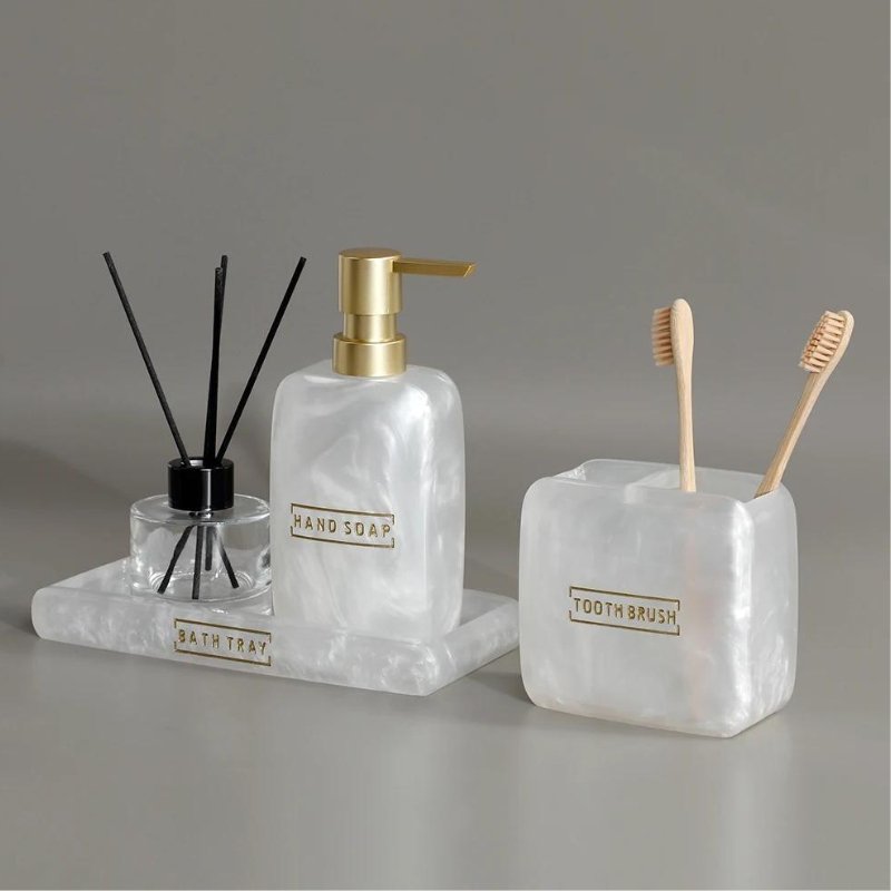 3-Piece Resin Bathroom Accessory Set – Elegant & Functional Soap Dispenser, Cup & Tray