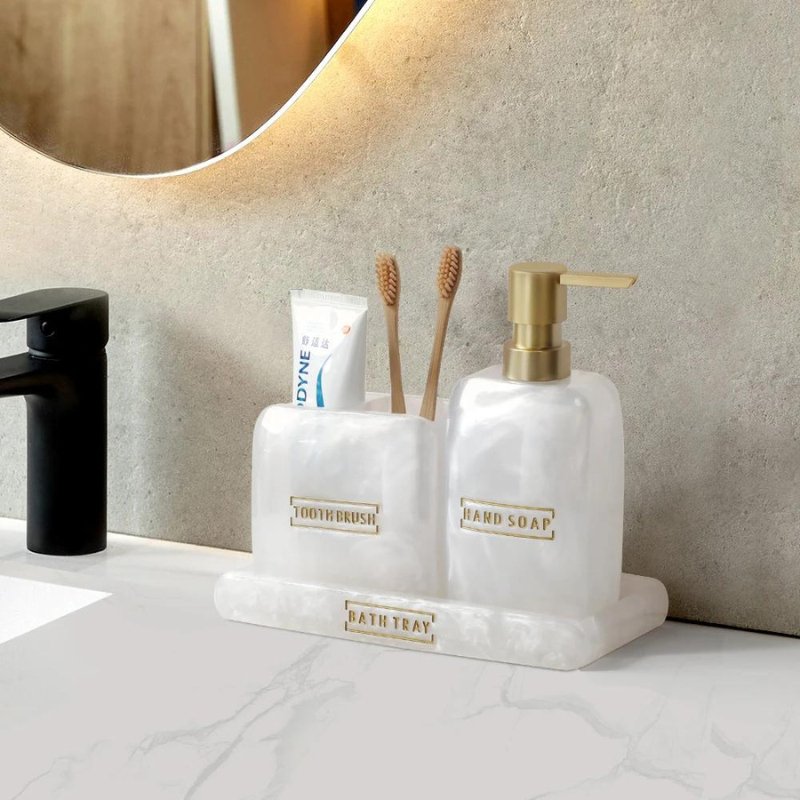 3-Piece Resin Bathroom Accessory Set – Elegant & Functional Soap Dispenser, Cup & Tray