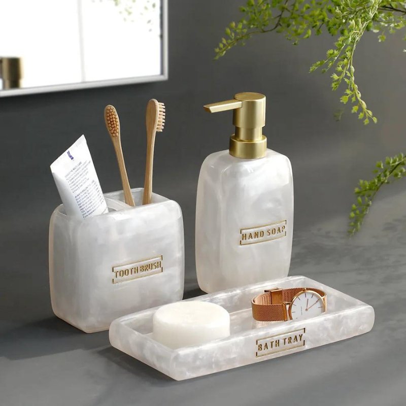 3-Piece Resin Bathroom Accessory Set – Elegant & Functional Soap Dispenser, Cup & Tray