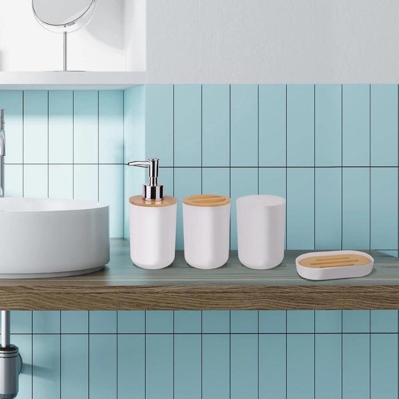 4-Piece Bamboo Bathroom Accessory Set – Eco-Friendly Soap Dispenser, Cups & Tray Organizer