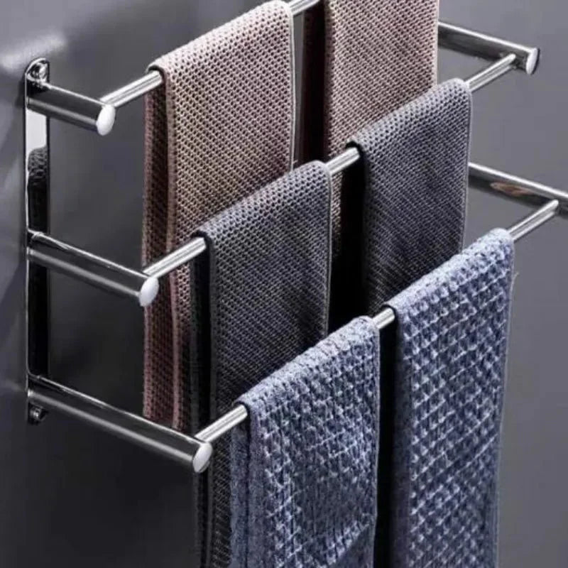 Chrome Bathroom Towel Rack with Hooks – Wall Mounted Space-Saving Storage for Towels