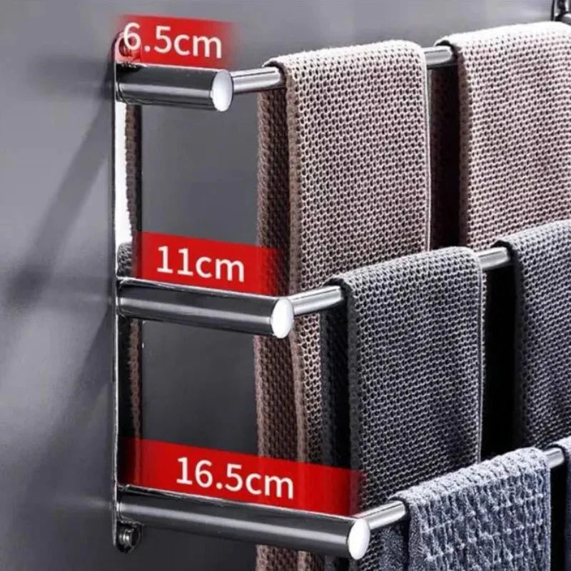 Chrome Bathroom Towel Rack with Hooks – Wall Mounted Space-Saving Storage for Towels