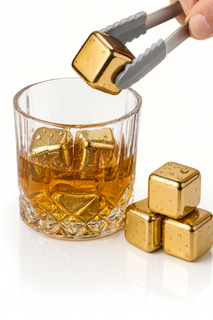 Gold Stainless Steel Ice Cubes with Tongs – Reusable Whiskey & Cocktail Chillers