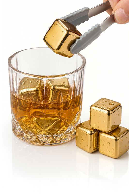 Gold Stainless Steel Ice Cubes with Tongs – Reusable Whiskey & Cocktail Chillers