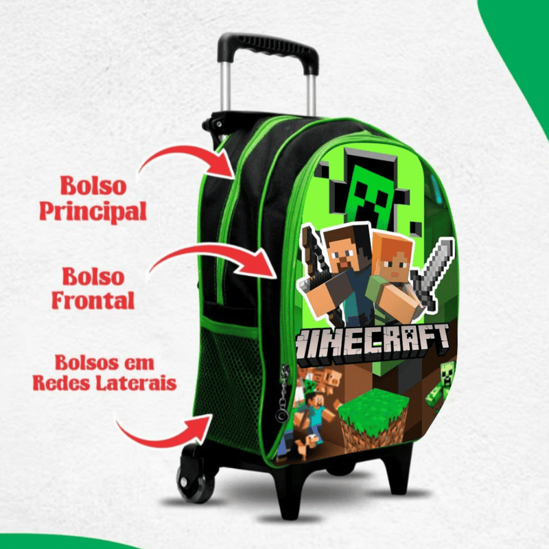 Mochila Minecraft com Rodinhas [KIT COMPLETO]