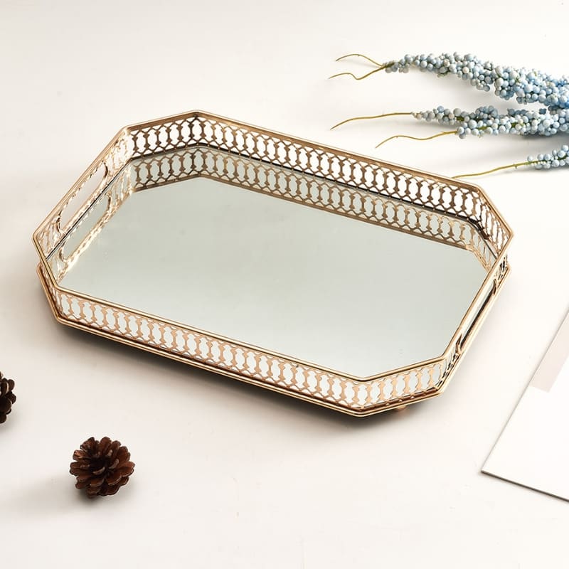 Rectangular Decorative Tray with Mirror — Elegant Organizer for Perfumes & Accessories