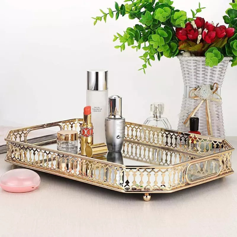 Rectangular Decorative Tray with Mirror — Elegant Organizer for Perfumes & Accessories