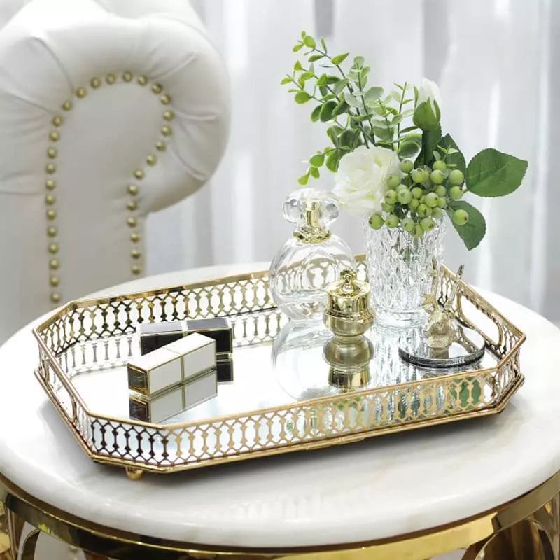 Rectangular Decorative Tray with Mirror — Elegant Organizer for Perfumes & Accessories