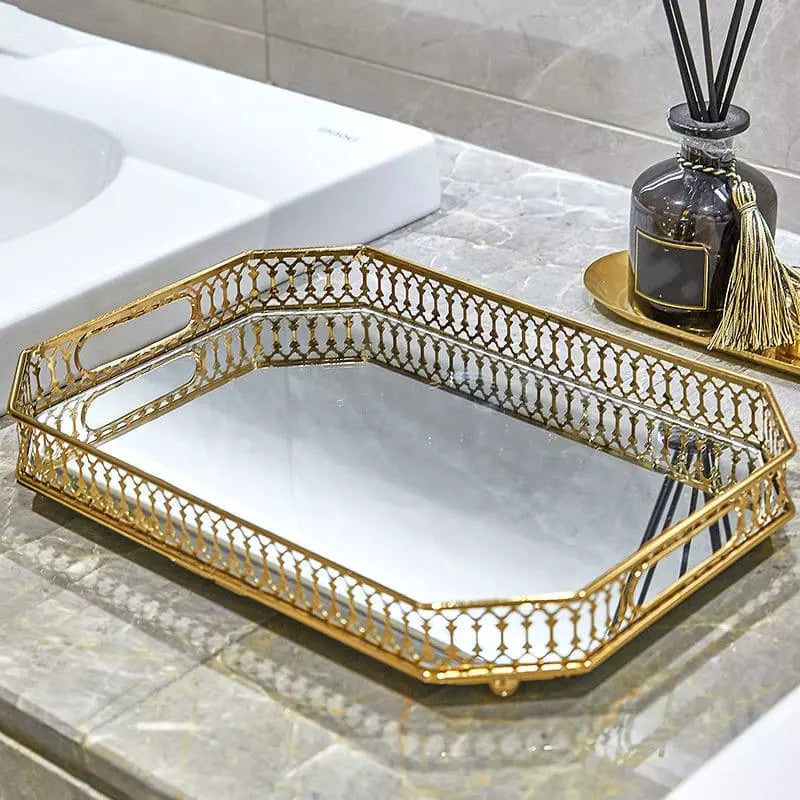 Rectangular Decorative Tray with Mirror — Elegant Organizer for Perfumes & Accessories