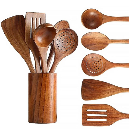 Wooden Serving Spoon Set (6 Pieces) – Natural Cooking & Dining Utensils