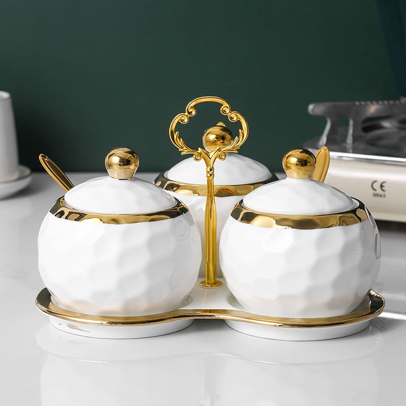 Ceramic Spice Jar Set – Sugar Bowl & Salt Container Kit with Wooden Tray