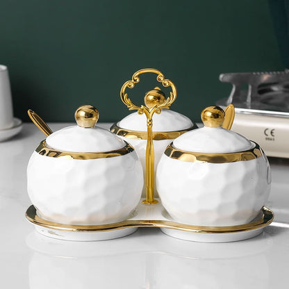 Ceramic Spice Jar Set – Sugar Bowl & Salt Container Kit with Wooden Tray