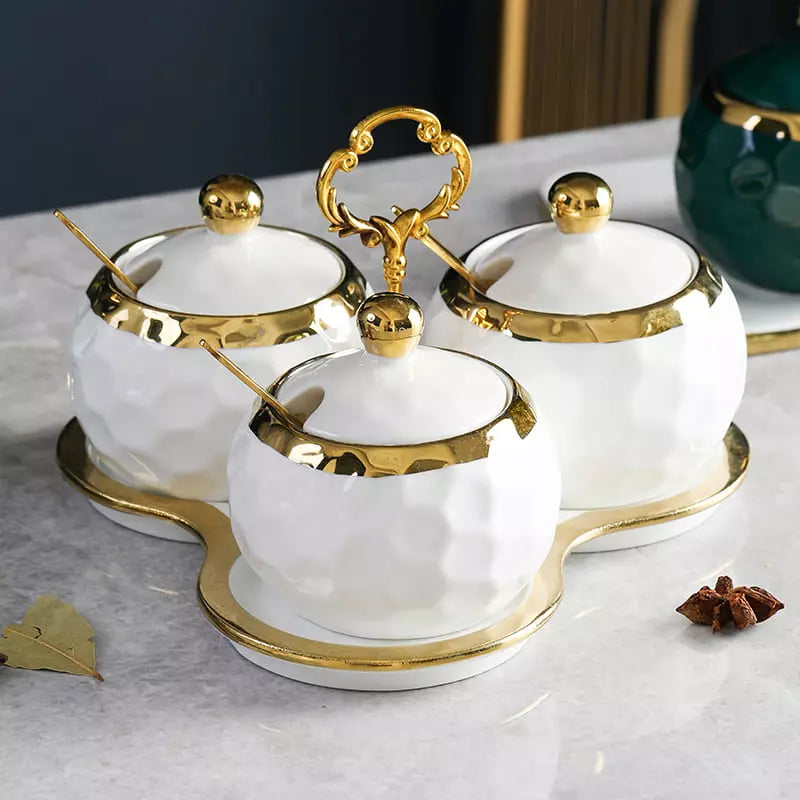 Ceramic Spice Jar Set – Sugar Bowl & Salt Container Kit with Wooden Tray