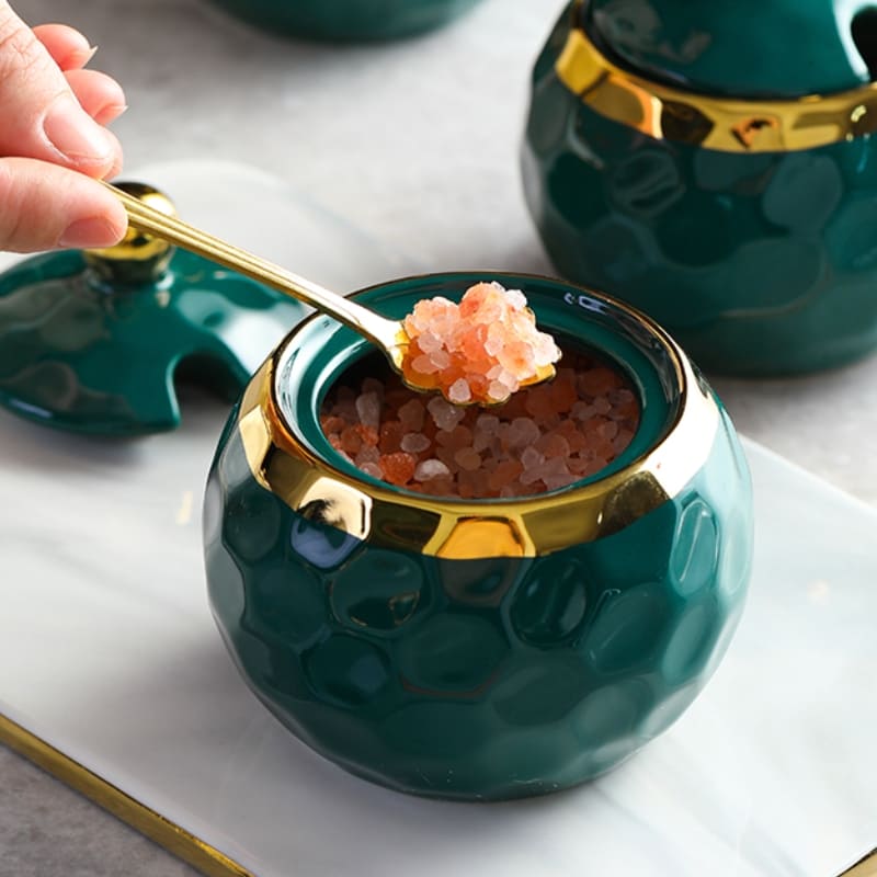 Ceramic Spice Jar Set – Sugar Bowl & Salt Container Kit with Wooden Tray