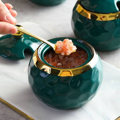 Ceramic Spice Jar Set – Sugar Bowl & Salt Container Kit with Wooden Tray