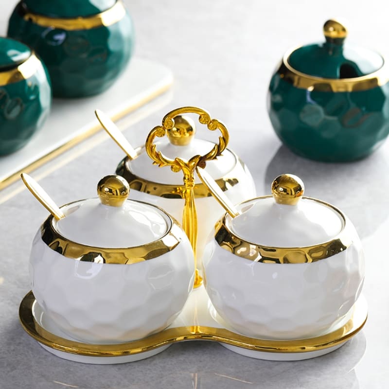 Ceramic Spice Jar Set – Sugar Bowl & Salt Container Kit with Wooden Tray