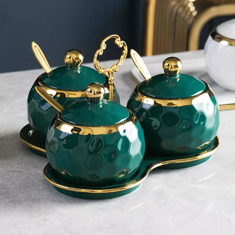Ceramic Spice Jar Set – Sugar Bowl & Salt Container Kit with Wooden Tray