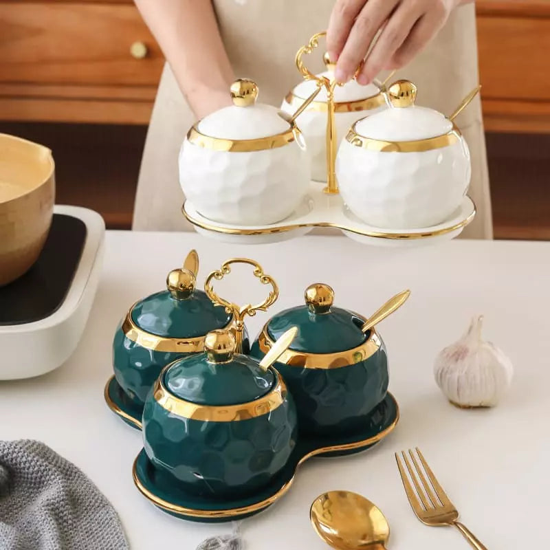 Ceramic Spice Jar Set – Sugar Bowl & Salt Container Kit with Wooden Tray