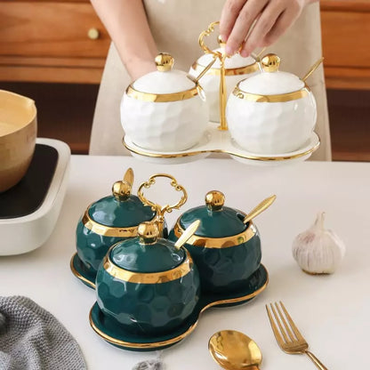 Ceramic Spice Jar Set – Sugar Bowl & Salt Container Kit with Wooden Tray