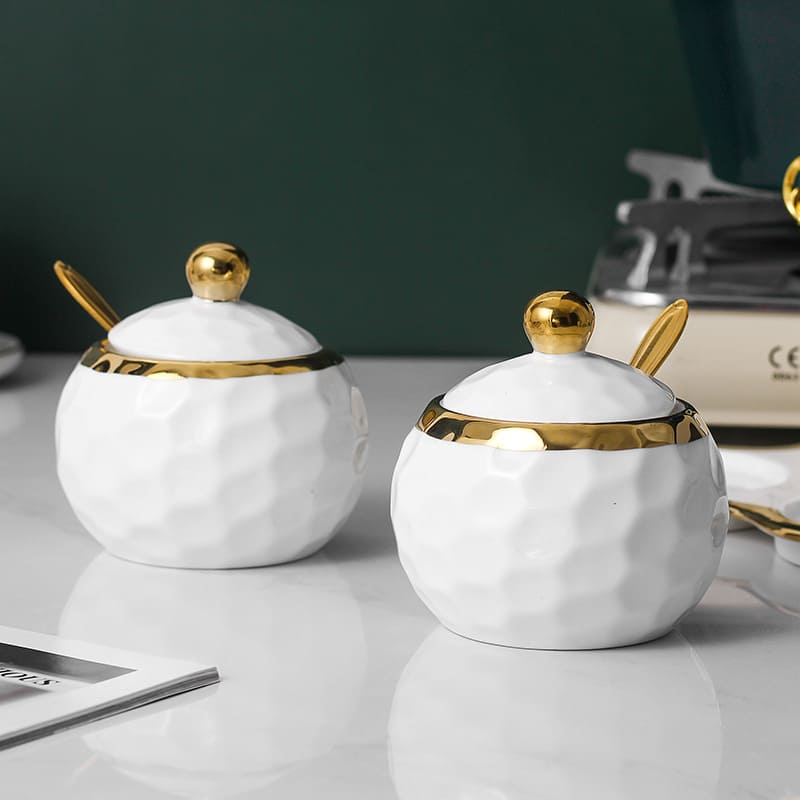 Ceramic Spice Jar Set – Sugar Bowl & Salt Container Kit with Wooden Tray