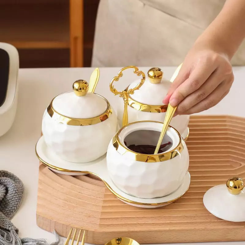 Ceramic Spice Jar Set – Sugar Bowl & Salt Container Kit with Wooden Tray