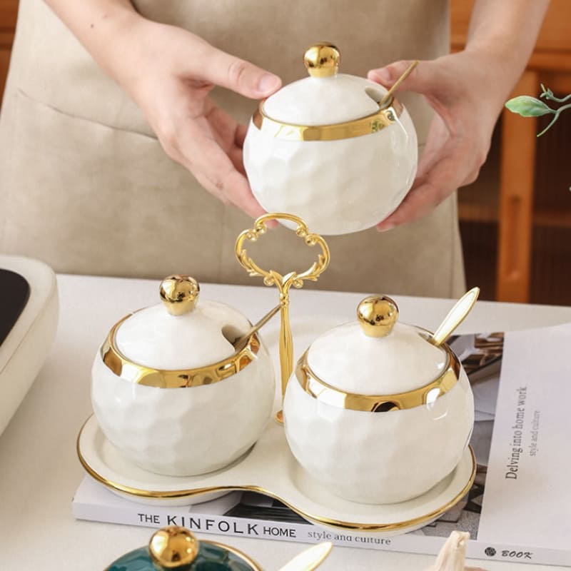 Ceramic Spice Jar Set – Sugar Bowl & Salt Container Kit with Wooden Tray