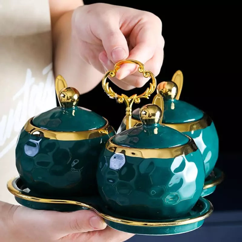 Ceramic Spice Jar Set – Sugar Bowl & Salt Container Kit with Wooden Tray