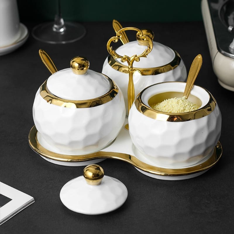 Ceramic Spice Jar Set – Sugar Bowl & Salt Container Kit with Wooden Tray