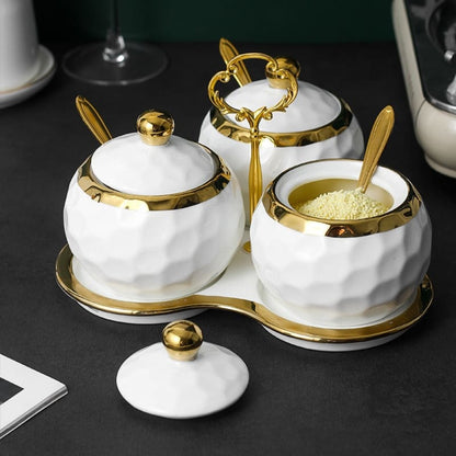 Ceramic Spice Jar Set – Sugar Bowl & Salt Container Kit with Wooden Tray