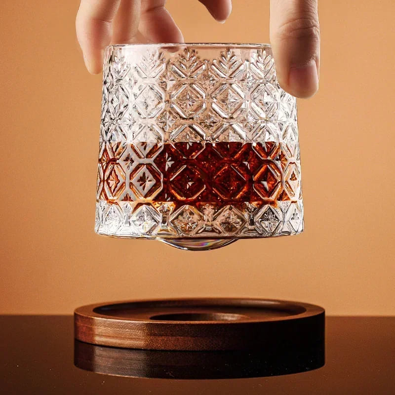 Crystal Whiskey Glass with Rotating Wooden Base — Premium Tumbler for Drinks & Gifting