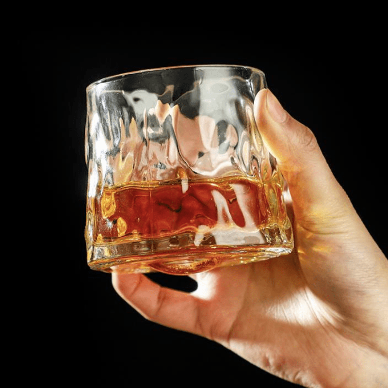 Crystal Whiskey Glass with Rotating Wooden Base — Premium Tumbler for Drinks & Gifting