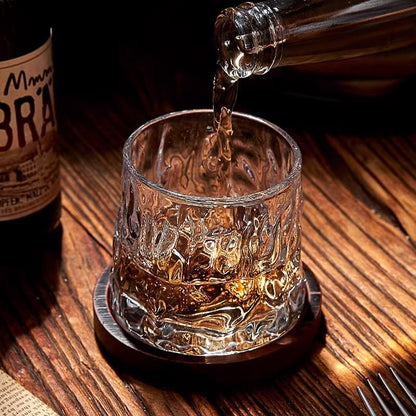 Crystal Whiskey Glass with Rotating Wooden Base — Premium Tumbler for Drinks & Gifting