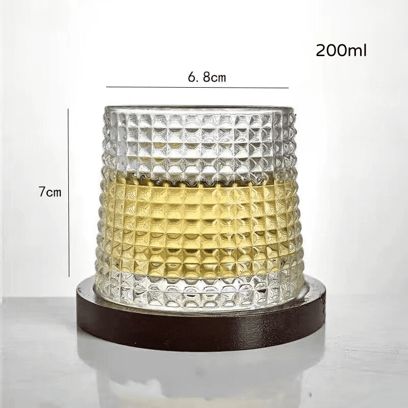 Crystal Whiskey Glass with Rotating Wooden Base — Premium Tumbler for Drinks & Gifting