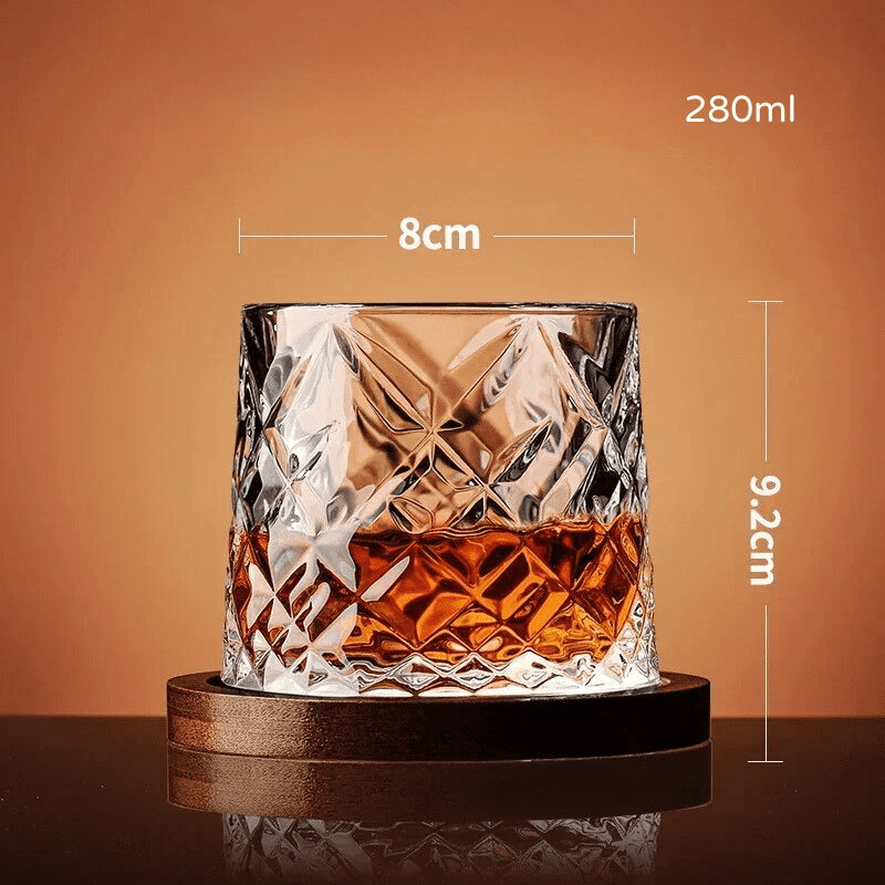 Crystal Whiskey Glass with Rotating Wooden Base — Premium Tumbler for Drinks & Gifting