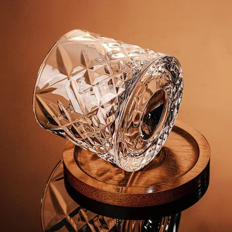 Crystal Whiskey Glass with Rotating Wooden Base — Premium Tumbler for Drinks & Gifting
