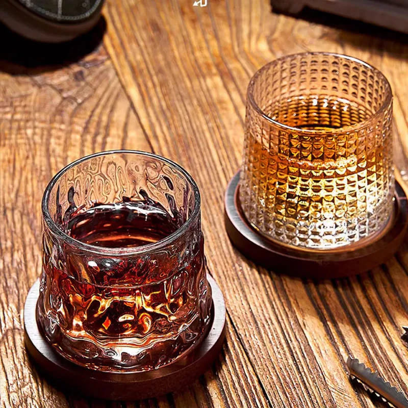 Crystal Whiskey Glass with Rotating Wooden Base — Premium Tumbler for Drinks & Gifting