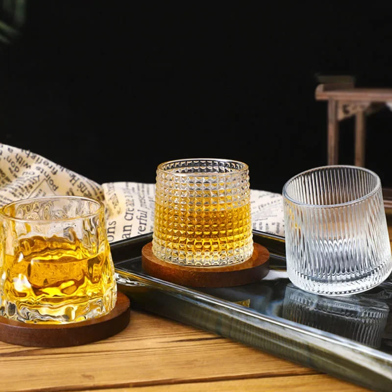 Crystal Whiskey Glass with Rotating Wooden Base — Premium Tumbler for Drinks & Gifting
