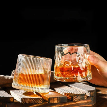 Crystal Whiskey Glass with Rotating Wooden Base — Premium Tumbler for Drinks & Gifting
